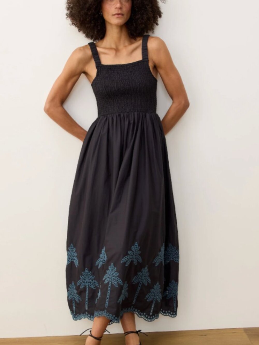 Marine Layer Selene Eyelet Palm Maxi Dress Black/Teal NWOT Size L Summer 2025